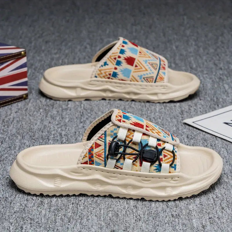 Men'S Stylish Slip-On Sandals - Comfortable Beach Shoes with Vibrant Geometric Pattern