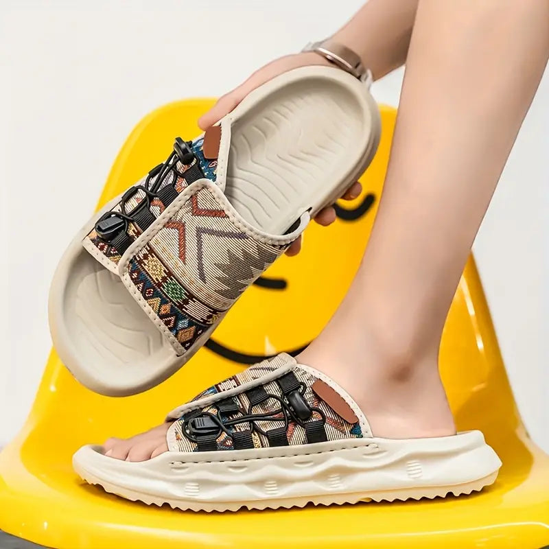 Men's Slip-On Sandals with Colorful Geometric Pattern - Soft EVA Sole